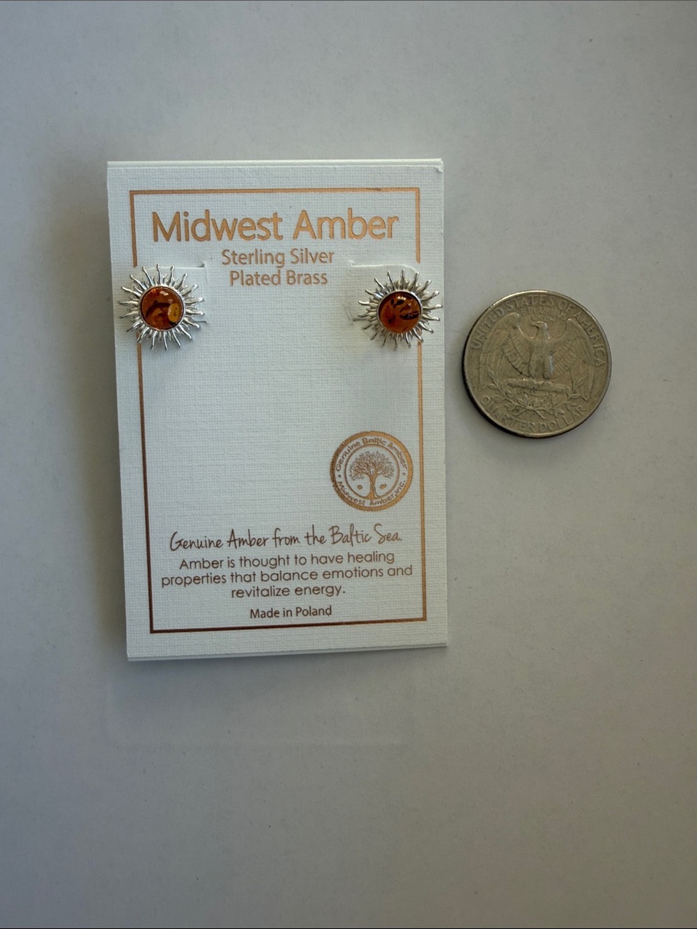 NWT Sterling Silver Sunburst Amber Stud Earrings - Honey Amber